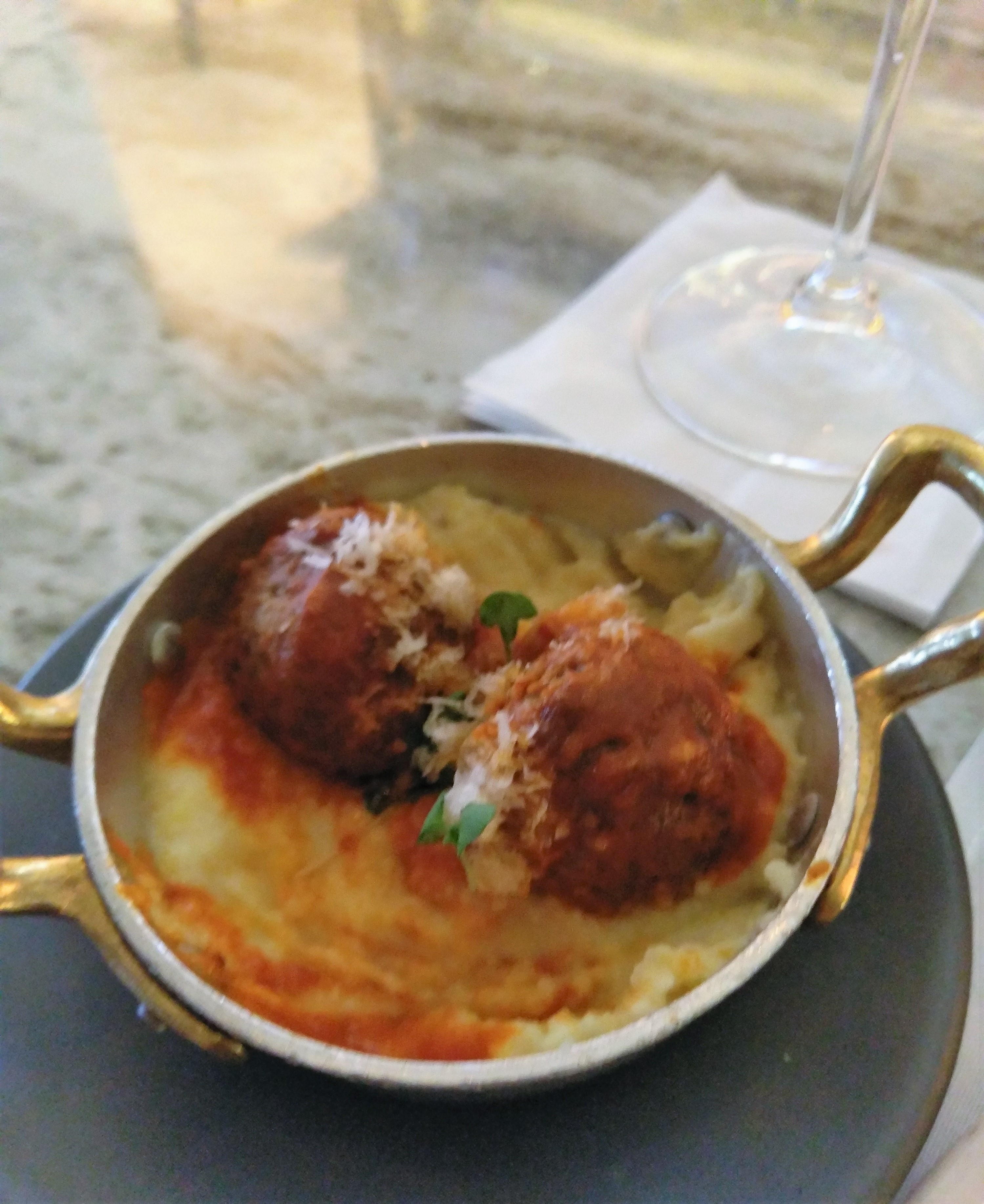 DIG Scottsdale Fat Ox veal meatballs with giusto polenta, San Marzano tomato, basil and parmesan
